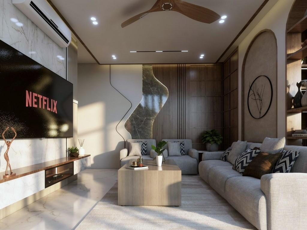 Elite 8 Oak Wood residence living room interior, Ranchi