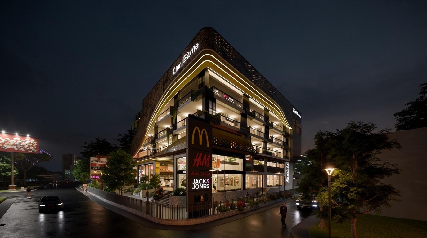 Ginni Estate commercial complex illuminated at night, Ranchi