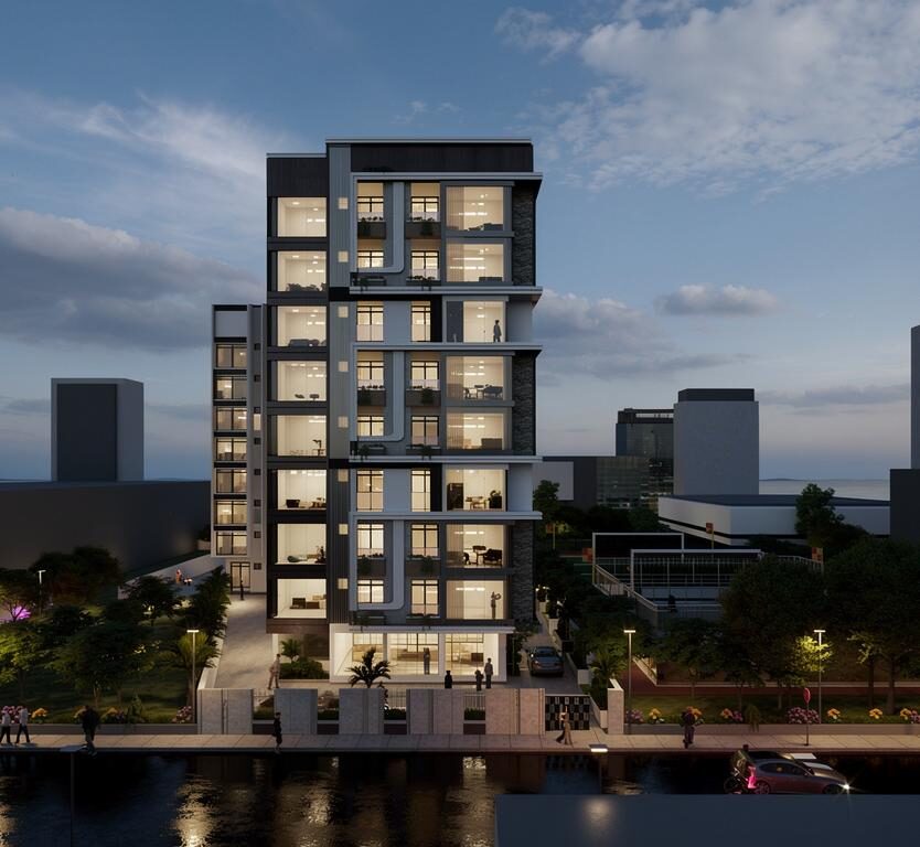 The Paradise Palace residential tower at dusk